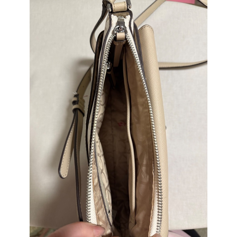 Calvin Klein Monogram Crossbody Bag Cream Tan Padlock Detail Zip Top Mens Womens - Picture 6 of 8